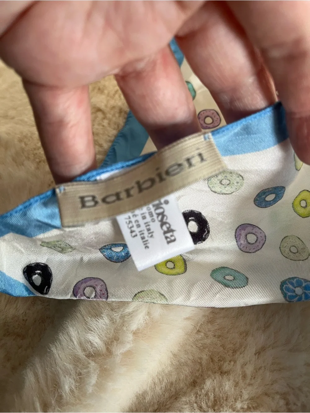 Italian  Silk Scarf with Colorful Donut Print - Blue Trim